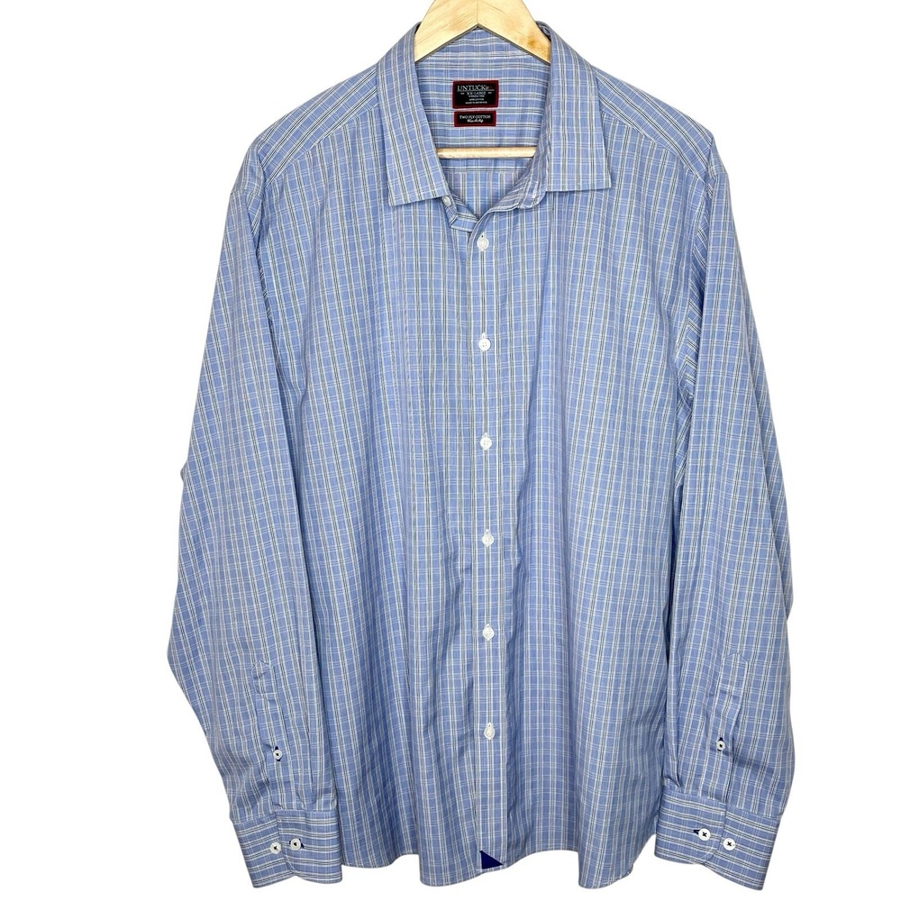 Untuckit Two Ply Cotton Shirt Blue Plaid Mens XXL 2XL Button Up Wrinkle Free